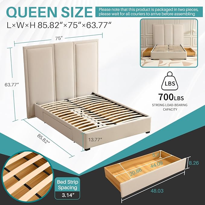 YUHUASHI Queen Size Bed Frame with 64-inch High Headboard, Simple and Airy Linen Upholstered Platform Bed with Storage Drawers, Wood Slat, No Noise (Beige, Queen)
