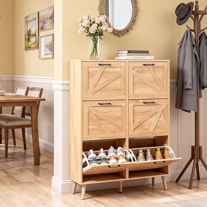 VINGLI 6 Flip Drawer Shoe Cabinet for Entryway, Rustic Shoe Storage Cabinet with 5 Solid Wood Legs, Farmhouse Barn Door Design Shoe Organizer for Hallway, Bedroom, or Living Room, Natural Wood Finish