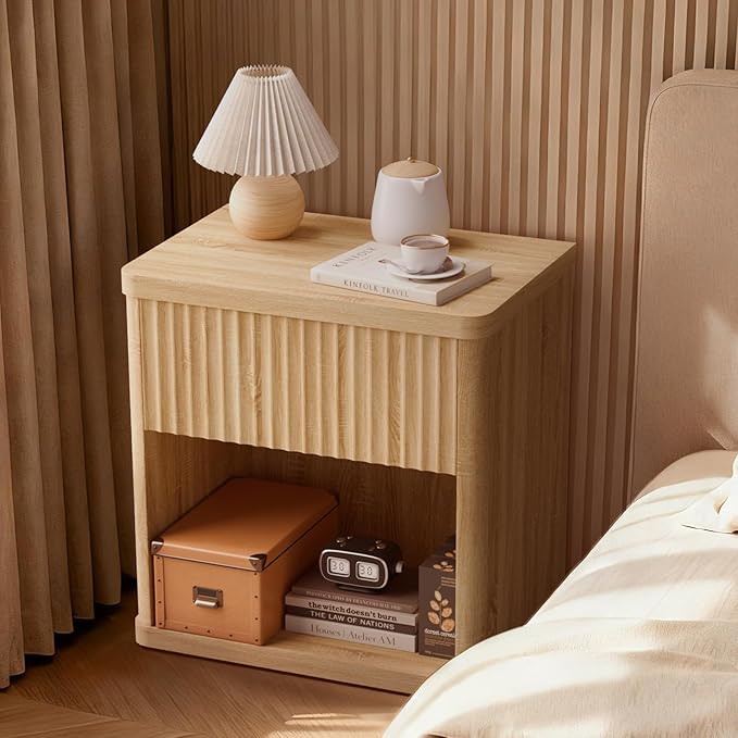 CMFYDAILY Fluted Night Stand Set 2, Large Wood Bedside Table Set of 2 Nightstands Set of 2 with Drawer and Storage Shelf for Bedroom, Small Spaces