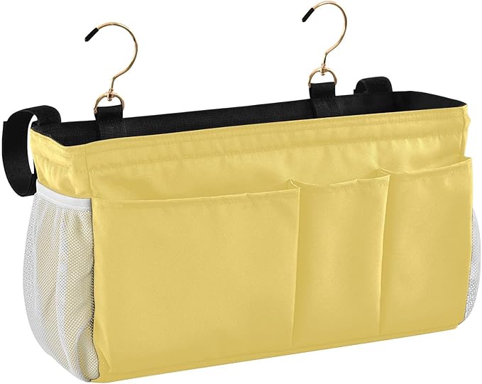 KOPIRIT Lemon Yellow Bedside Caddy Storage Bag Bedside Organizer for Dorm Room Top Bunk Bed Hanging Bag Bedside Shelf 6 Pockets with Hooks for Glasses Book Tablet Holder