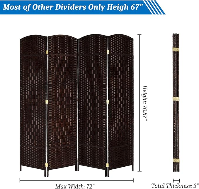 VINGLI 6 FT Tall Rattan Room Divider, Folding Privacy Screen, Indoor Partition Wall Dividers, Freestanding Hinged Space Separator (Brown, 4 Panel)