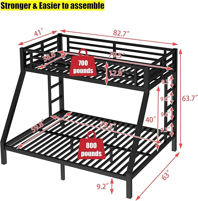Higher Quality & Stronger Heavy Duty Metal Bunk Bed Frame Twin XL Over Queen Size for Adults Teens, Thickened More Stable Steel Bunkbed (Twin XL Over Queen)