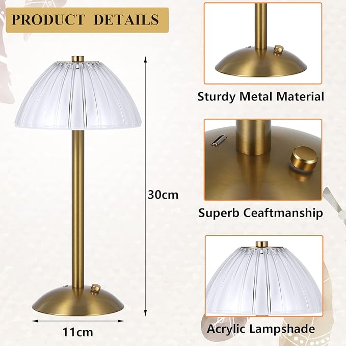 Liliful 1 Pcs Cordless Table Lamp Rechargeable Touch LED Small Gold Portable Battery Operated USB-c Desk Lamp 3 Color Dimmable for Bedroom Living Room Dining (Gold,Mushroom Style)