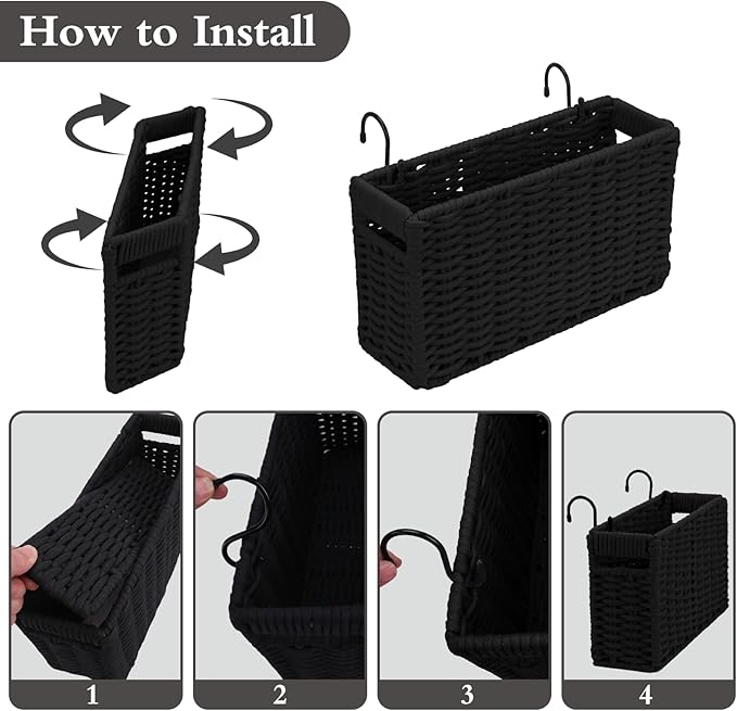 Cotton Rope Woven Bedside Caddy for Dorm Bed, Foldable Bedside Shelf Bunk Bed Accessories, College Dorm Room Essentials Hanging Organizers Storage Basket, Room Decor Magazine File Holder (Black)