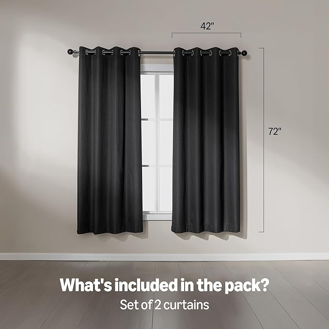 Amazon Basics Faux Linen Blackout Curtains for Bedroom and Living Room, 2-Piece Set with Grommets, 42" W x 72" L, Black