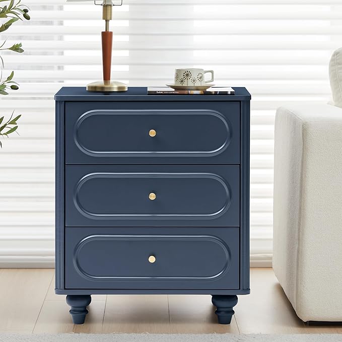 3 Drawer Fluted Dresser for Bedroom, Mid Century Modern Chest of Drawers, Wood Storage Small Dresser Organizer for Bedroom Living Room Hallway Closet, Blue