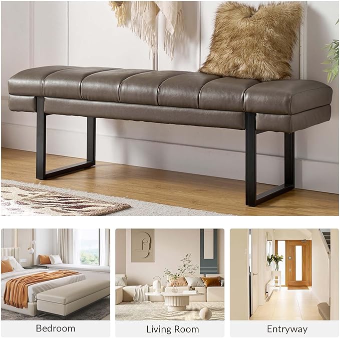 HULALA HOME 53" Faux Leather Entryway Bench, Button Tufted End of Bed Bench Ottoman for Bedroom, Living Room with Metal Base, Grey