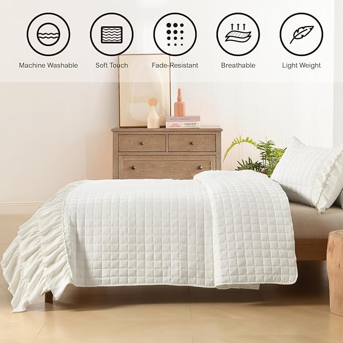 HORIMOTE HOME Ivory Ruffled Quilt Set Queen Size, Classic Geometric Square Stitched Pattern, Pre-Washed Farmhouse Shabby Chic Microfiber Lightweight Bedding Set Bedspread Coverlet for All Season