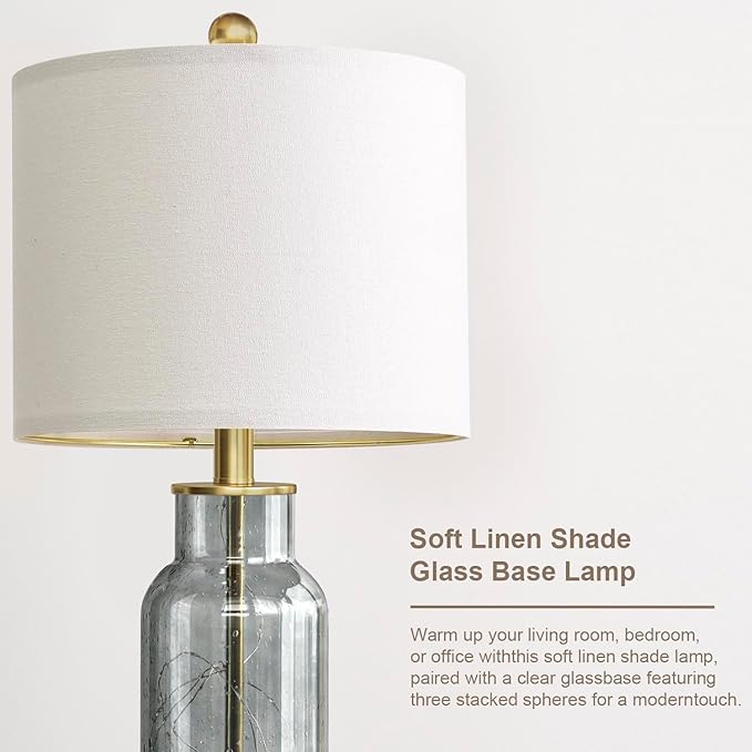 Oneach 22" Glass Table Lamps Set of 2, Gray Modern Bedside Lamp with LED Night Light for Living Room, Nightstand Lamp with USB Ports for Bedrooms, Study Room, End Table(2 Bulbs Included)