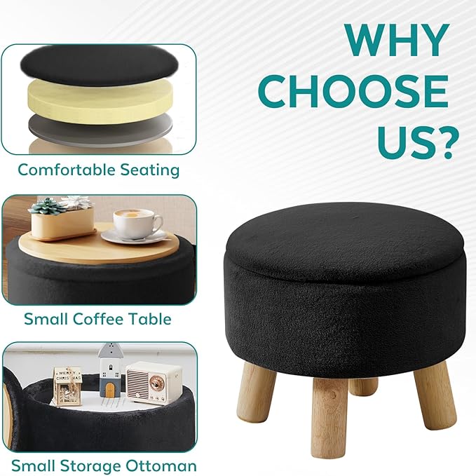 FIMIVIBI Small Foot Stool Ottoman with Storage, Soft Faux Fur Ottoman Foot Rest for Couch, Round Footstool with Storage, Small Ottomans and Footstools for Living Room and Entryway (Black)