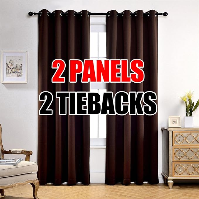 MIUCO Room Darkening Soild Grommet Window Blackout Curtains Two Panels for Bedroom 52x95 Inch Chocolate, Bonus 2 Tie Backs Included