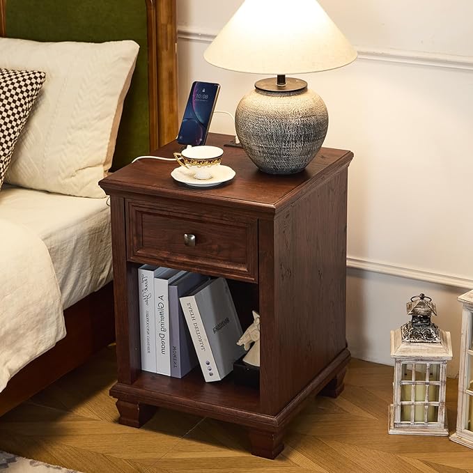 SAVOR LIFE Farmhouse End Tables Living Room with Drawer, Rustic Wood Nightstand with Charging Station, Brown Bedside Table with Open Shelf for Bed Room, Living Room, Walnut