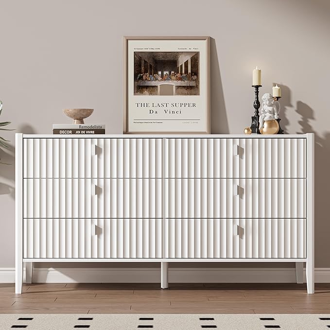 Fluted 6 Drawer Dresser for Bedroom, 55.1" Wide Modern Chest of Drawers with Solid Wood Legs, Versatile Storage Cabinet for Living Room, Office, Hallway, White