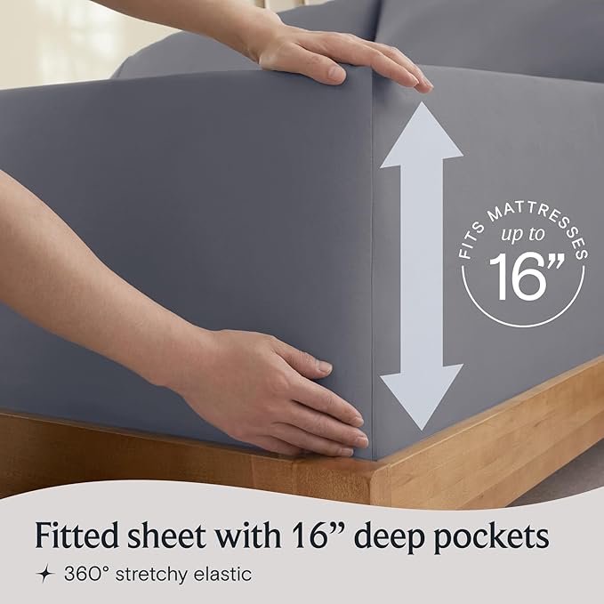LuxClub 4 PC California King Sheet Set, Deep Pockets Wrinkle Free Cooling Bed Sheets Hotel Bedding for Women, Men, Includes 1 Fitted Sheet, 1 Flat Sheet and 2 Pillowcases-Light Grey