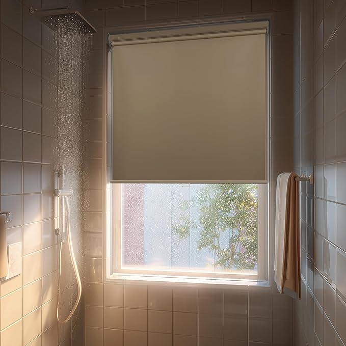 HESTIA No Drill Cordless Blackout Roller Shades Screwless Waterproof Shower Window Blinds, Auto-Retraction Easy Install Blind for Bathroom/Kitchen/Office/Exterior, Greige, 53" W x 54" H