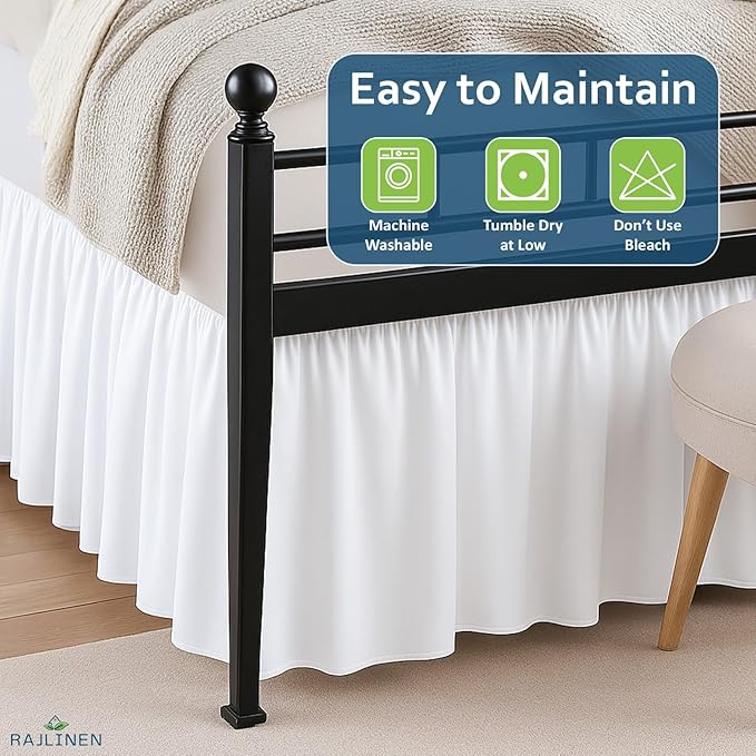 Rajlinen Ruffled Bed Skirt Full XL, 14 Inch Drop Dust Ruffle with Split Corners, 100% Microfiber Bedskirt with Platform, Three-Sided Coverage Ruffled Gathering Design, White