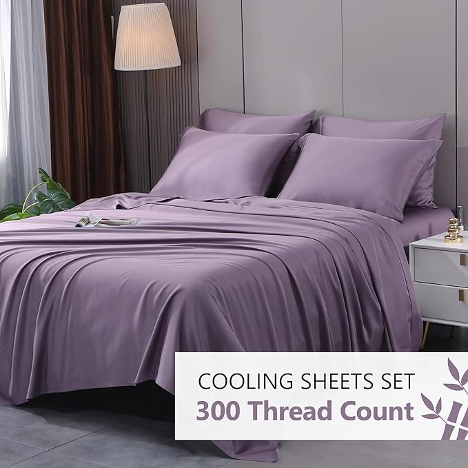King Sheets, Rayon Derived from Bamboo, Cooling Bed Sheets Set,Deep Pocket Up to 16", 4 Pieces Silky Soft, Breathable Bedding Sheets & Pillowcases(Dusty Purple,King)