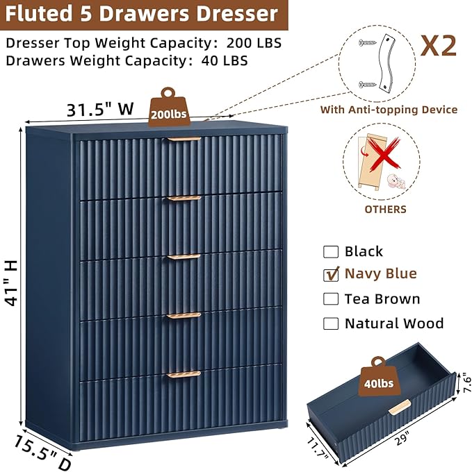 LEYAOYAO Fluted 5 Drawers Dresser Set of 2, 41" Tall Modern Chest of Drawers with Metal Handle, Curved Profile Dresser TV Stand, Wooden Drawer Organizer for Bedroom, Living Room, Hallway, Lightgrey