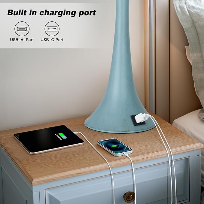 Riweey Blue Metal Table Lamp Set of 2 with USB C+A Ports, Bedside Lamp, Modern Bedroom Lamps, Coastal Lamp for Night Stands Bedroom Living Room,Nightstand Lamp LED Bulbs Included