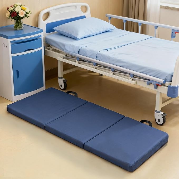Foldable Fall Protection Mat for Elderly Blue Waterproof Non Slip Floor Mats with High-Resilience Foam 72 * 24 * 2 Inch Bedside Floor Mats for Elderly, Handicap, Senior
