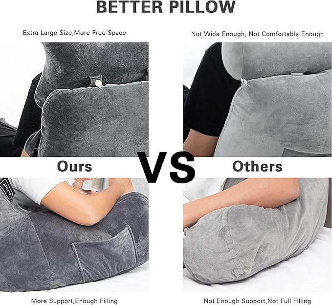 SLIGUY Reading Pillow-Bed Rest Pillow with Detachable Neck Roll & Support Arm for Sitting in Bed Couch or Floor-Backrest Reading Pillow Adult Back Pillow for Reading/Watching TV/Gaming,Dark Grey