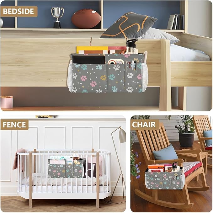 Bedside Caddy Hanging Bunk Bed Caddy Bed Organizer Hanging Pocket with 2 Hooks Bedside Storage Organizer Pocket Bag Holder Paw Print Dots Stars Grey