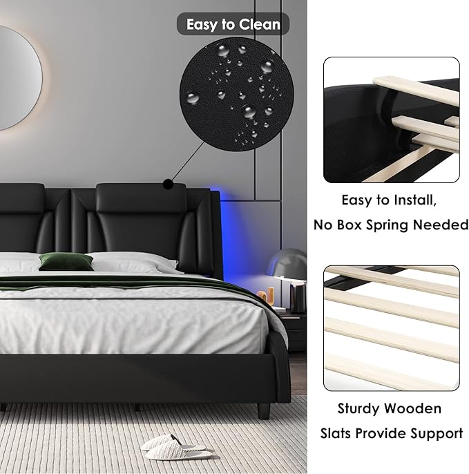 Keyluv Modern Upholstered Bed Frame with Adjustable LED Headboard, Pu Leather Platform Bed with Wave-Like Curve Design and Solid Wooden Slats Support, No Box Spring Needed, Noise Free, King, Black