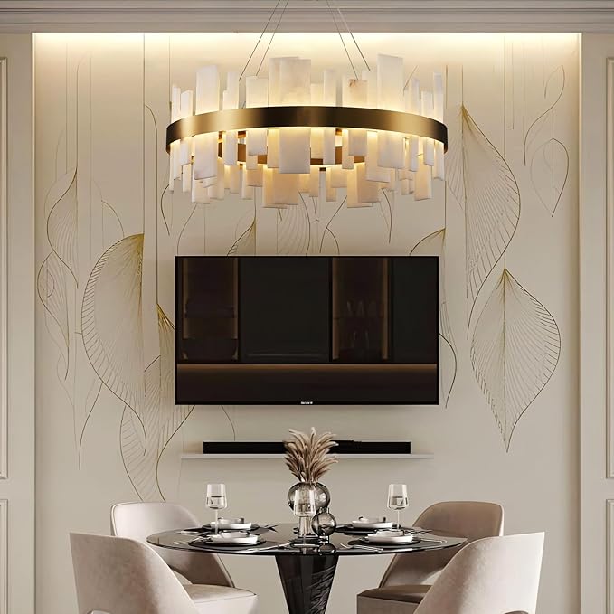 Alabaster Round Chandelier, Natural Spanish Stone Texture Chandeliers, 31.5" Adjustable Alabaster Chandelier Over Table for Living Room, Bedroom, Hallway – Modern Luxury Ceiling Lighting