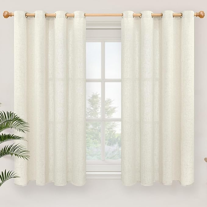 YoungsTex Short Linen Curtains 45 Inch Length, Light Filtering Drapes with Grommet Semi Sheer Privacy for Kitchen Bedroom Bathroom Window, 2 Panels, 52 X 45 Inch