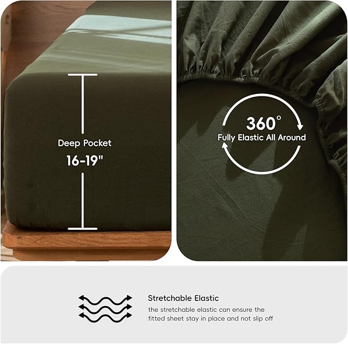 MooMee Fitted Bottom Sheet Only 100% Washed Cotton Linen Like Textured Breathable Durable Soft Comfy Deep Pocket Fits Mattress up to 17" (Olive Green, Queen)