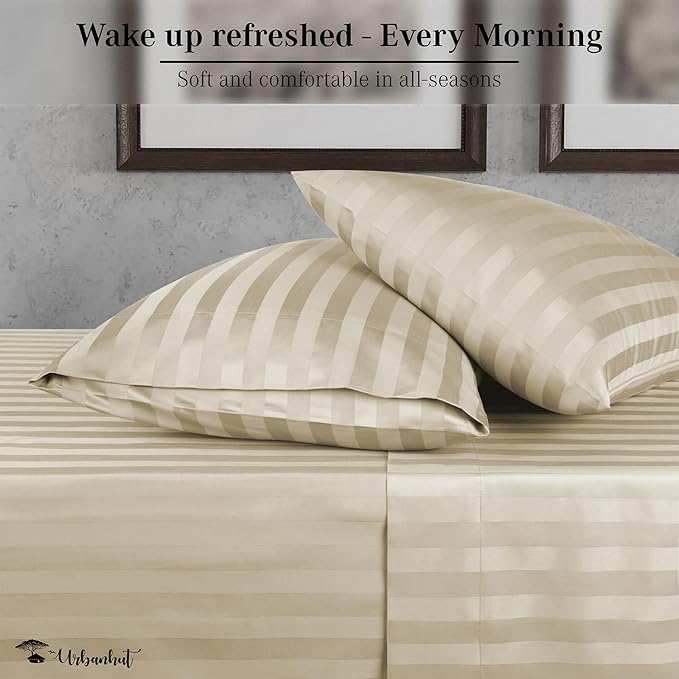 URBANHUT 800 Thread Count 100% Cotton Damask King Size Sheets, 4 Piece Striped King Size Bedsheets, Luxury Hotel Sheets Sateen Weave - Better Than Egyptian, 16" Elasticized Deep Pocket- Ivory