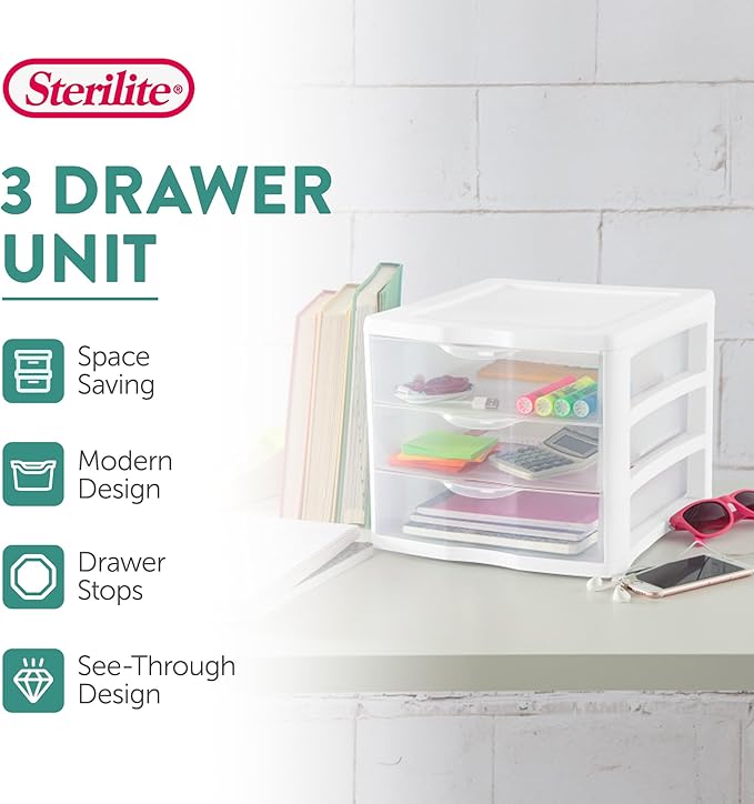 Sterilite 4-Pack 3 Drawer Unit, Plastic Desktop Organizer with Clear Drawers, White Frame - Stackable Multi-Purpose Storage for Office Supplies, Craft Rooms, Classrooms and Home Organization