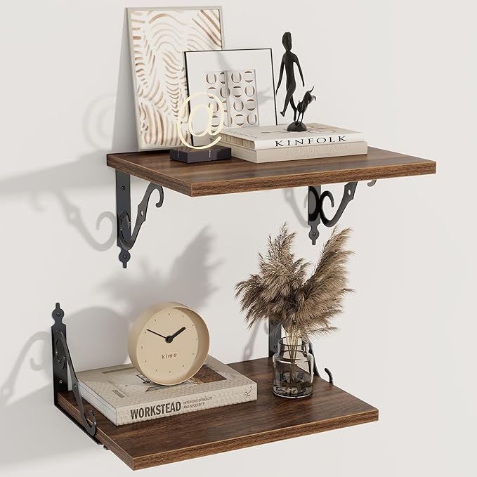 Dreamland Deep Floating Shelves, 16" W x 12" D Wall Shelves Set of 2, Wide Display Shelf Wall Mounted with Brackets, Bookshelf for Living Room, Bathroom, Bedroom, Walnut