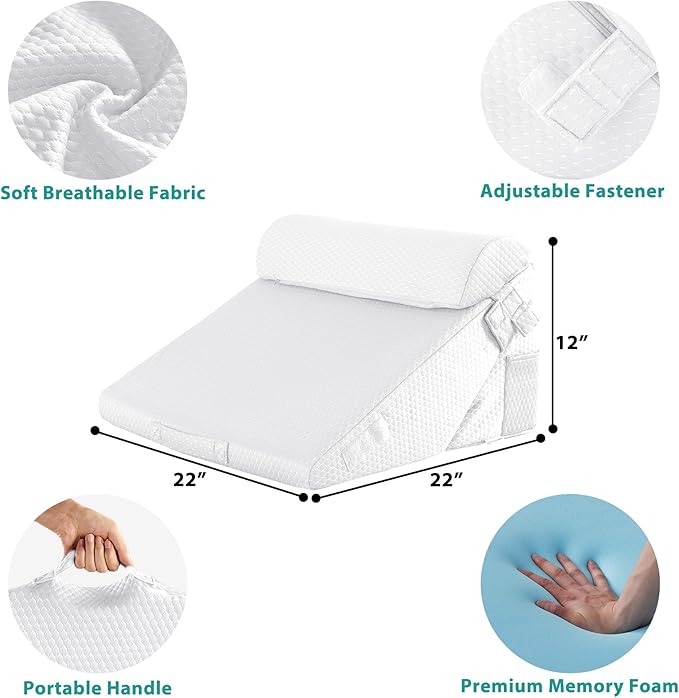 Bedluxe 3Pcs Orthopedic Bed Wedge Pillow Set, Foam Wedge Pillow Post Surgery for Back, Leg and Knee Support, Adjustable 9&12 Inch Folding Triangle Pillow for Sleeping, Acid Reflux, Snoring, White