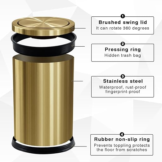 Maxdot 2 Pcs Gold Bathroom Trash Can with Flipping Lid 2.4 Gallon/9.1 L and Toilet Brush Set, Small Stainless Steel Garbage Trash Can Toilet Cleaner Brush Wastebasket Bin for Bathroom Bedroom Office