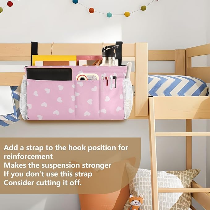 Bedside Caddy Hanging Bunk Bed Caddy Bed Organizer Hanging Pocket with 2 Hooks Bedside Storage Organizer Pocket Bag Holder Heart Pink