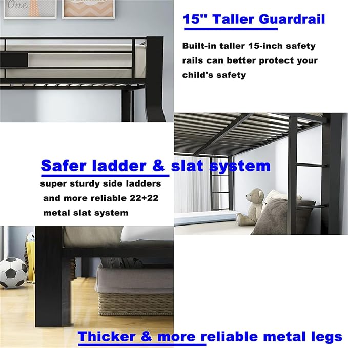 Upgraded Version Thicken Metal Heavy-Duty Twin XL Over Queen Bunk Bed, Best Modern Style Stronger Twin Over Queen Size Bunk Bed with Ladder for Adults, Easy Assembly (Twin XL Over Queen-A)