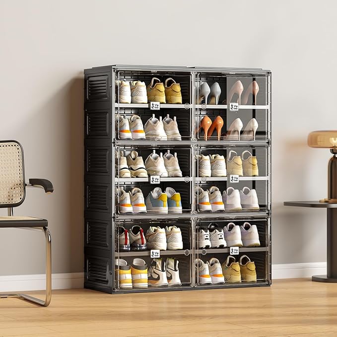 Black Shoe Rack Organizer Cabinet for Closet Entryway,Clear Shoe Storage Boxes Stackable Sneaker Storage with Door Easy Assembly Shoe Cabinet with Lids Large 6 Tiers 24 Pairs