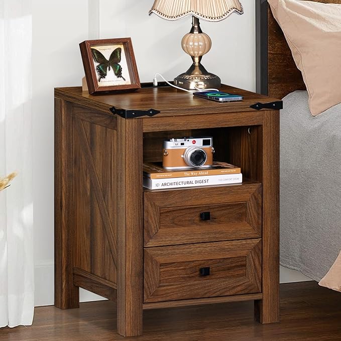 Joaxswe Nightstands Set of 2 with Charging Station, Farmhouse Side End Table with 2 Drawers and Open Shelf, Wood Rustic Sofa Table, Bedside Cabinet for Bedroom, Living Room, Closet, Office(Brown)