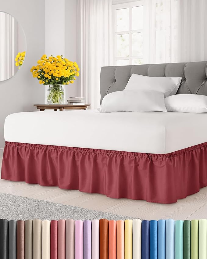 Wrap Around Dust Ruffle Bed Skirt - Burgundy - for Queen Size Beds with 12 Inch Drop - Elastic Strap - Adjustable Pleated Bedskirt with Brushed Fabric and Wrinkle Free - for Women, Men, Kids & Teens