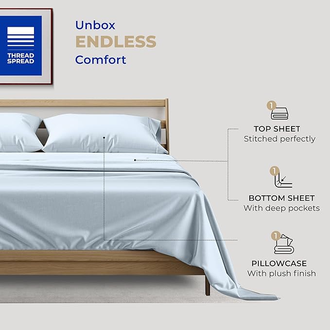 THREAD SPREAD 100% Cotton Twin Sheet Set - 400 Thread Count, 3 PC Twin Sheets, Cooling & Luxury Sateen Sheets, 16" Deep Pocket, Breathable Cotton Sheets for Dorm (Light Blue)