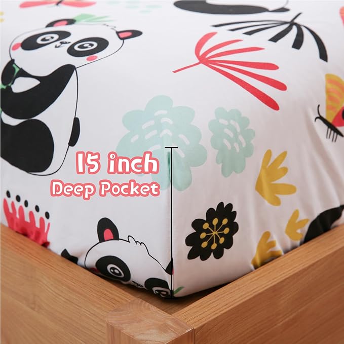 JSD Panda Kids Sheet Set Full Size, 4 Piece Floral Printed Microfiber Bed Sheets Deep Pocket