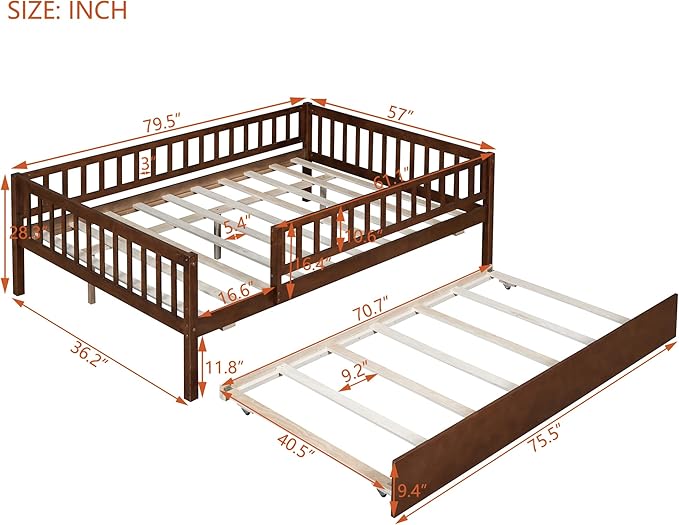 Bellemave Full Size Bed Frames with Rails for Kids, Full daybed Frame with Trundle for Boys/Girls/Adults，Walnut