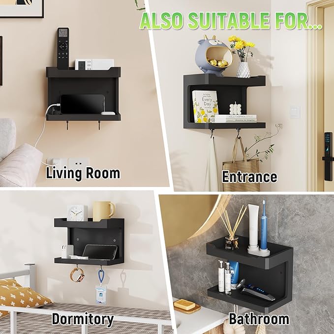 NiHome Large Wall Mounted Wooden Bedside Organizer, Double Storage Shelves & Magnetic Hooks, Solid Wood Bedside Shelf for Phone Glasses Remote Keys, Space-Saving Wall Rack for Bedroom RV Dorm (Black)