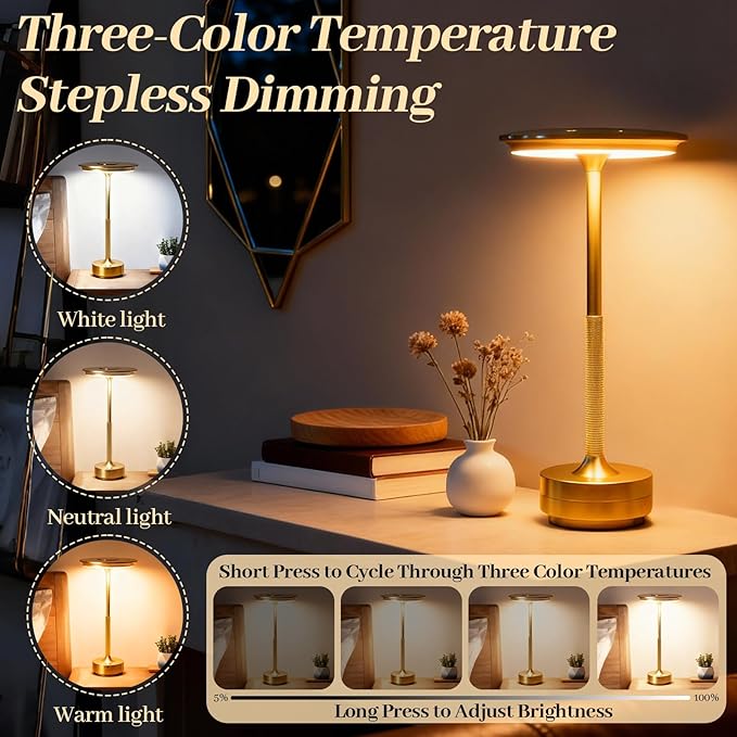 2 Pack Cordless Table Lamp Rechargeable, Portable Battery Powered USB Desk Lamp, 3 Color Dimming LED Table Light with Touch Control, for Bedroom/Restaurant/Office/Outdoor(Gold)