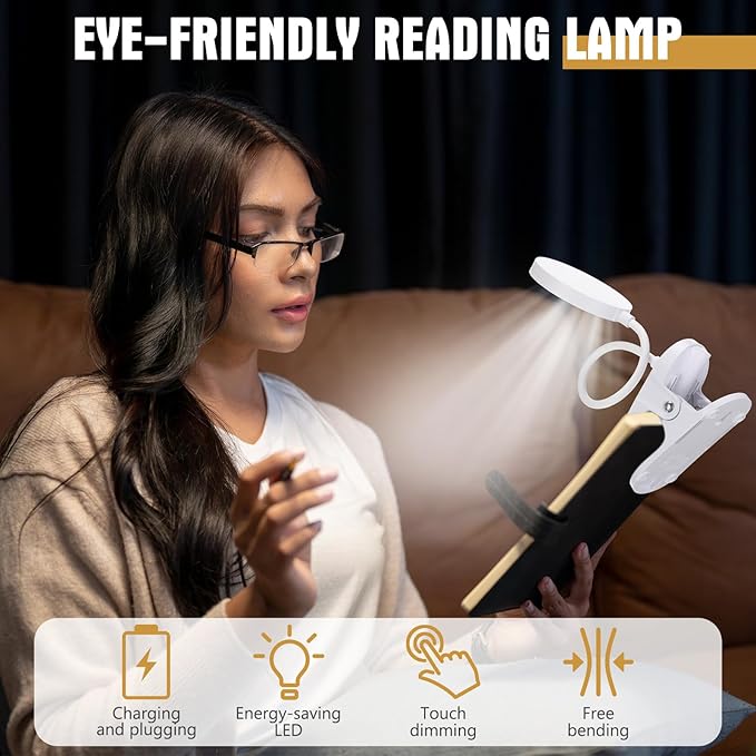Retisee 12 Pcs Clip on Lamp Bulk LED Reading Light Book Lamp Clamp for Bed with 3 Brightness Level Night Light Clip on for Desk, Bed Headboard, USB Plug-in Style
