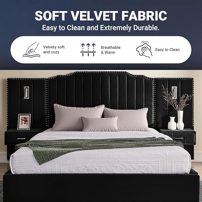 Luxury Queen Bed Frame with Headboard and Storage, Velvet Fabric Upholstered Platform Bed Frame Queen Size with LED Lights, Solid Frame & Bedside Table, No Box Spring Needed, Black