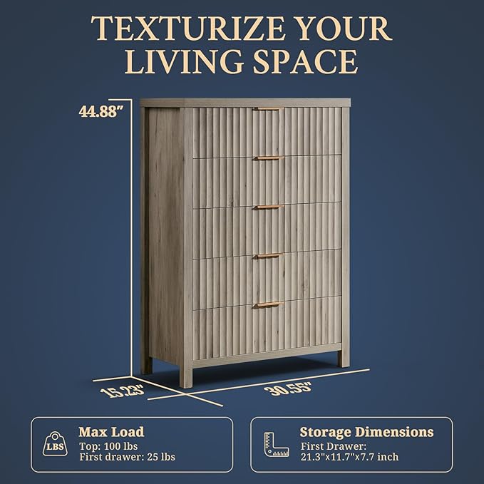 5 Drawers Dresser for Bedroom, 44 Inches Tall Modern Bedroom Dressers, Chest of Drawers for Bedroom, Fluted Dresser for Closet Organizer for Living Room, Hallway, Entryway (Grey Oak)