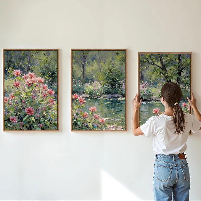 Yeehomedec Monet Anthropologie Framed Canvas Wall Art Set, Impressionist Floral Garden Wall Decor, Vintage Flowers Pond Trees Artwork, Nature Landscape Art Paintings for Living Room Bedroom Bathroom 16"x24"x3