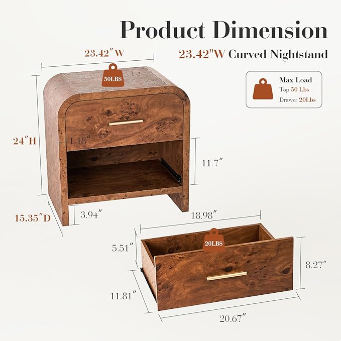 Night Stand [Unique Curved Profile] [FSC-Certified Wooden Board] 2-Drawer Nightstand 24" H Metal Handle Modern Sturdy Bedside Table Side Table End Table